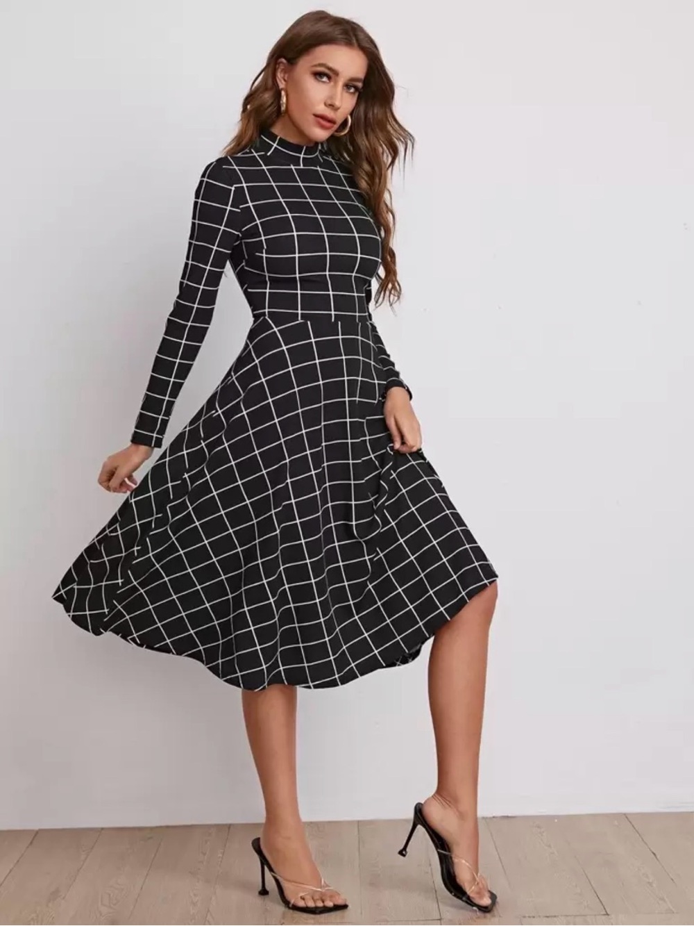 SHEIN Black & White Windowpane Long Sleeve Fit-and-Flare Dress